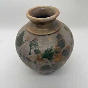 vintage 5’ Crystalline Glaze Pottery vase irredentist purple/green Tones Stamped